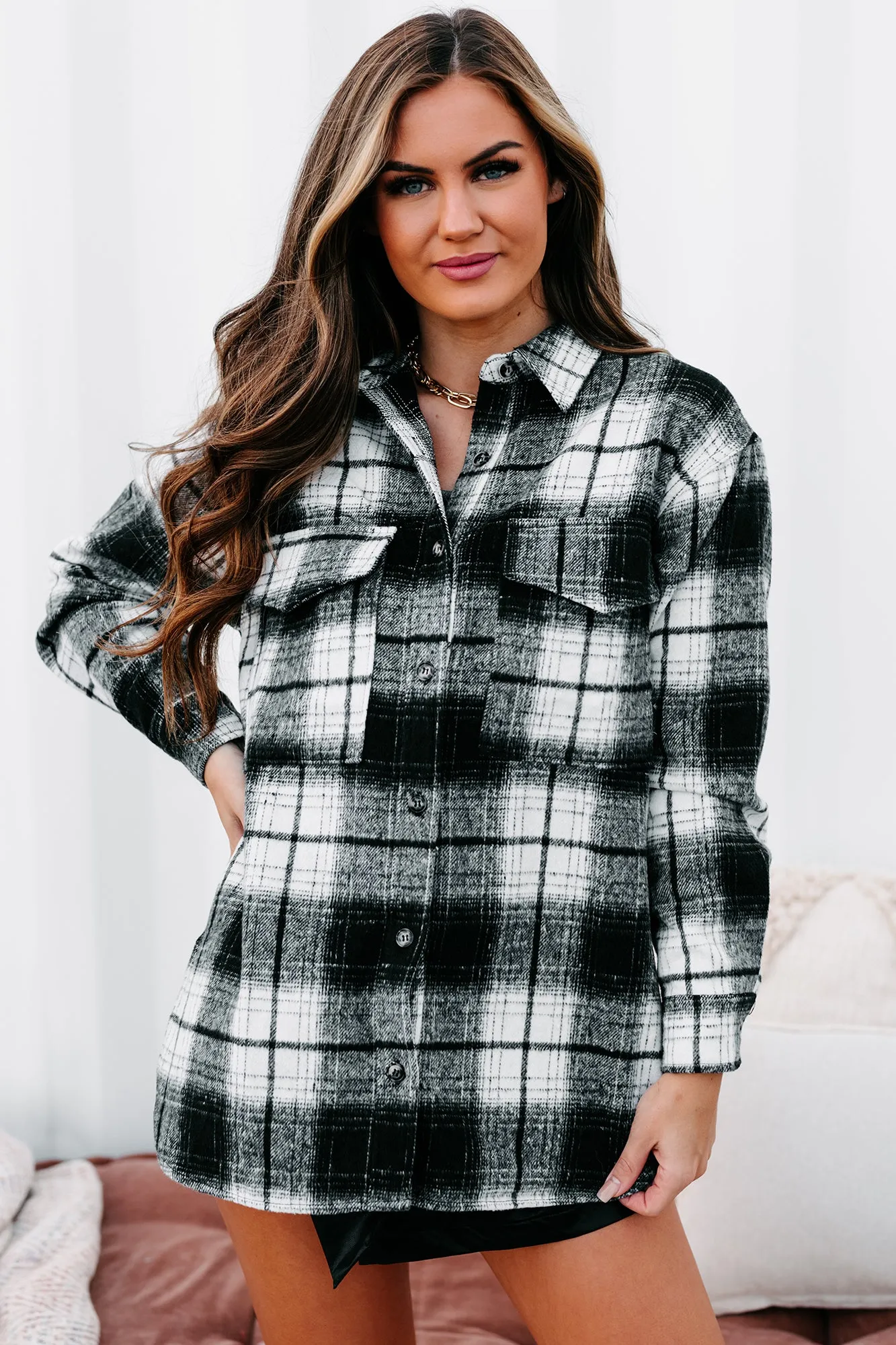 In A Fall Frenzy Plaid Shacket (White/Black)