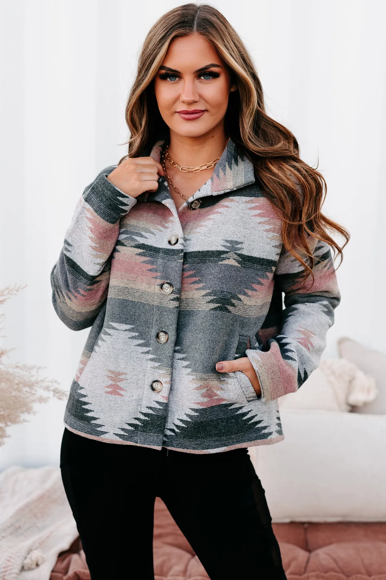 Incredible Sights Aztec Shacket (Grey/Pink Mix)