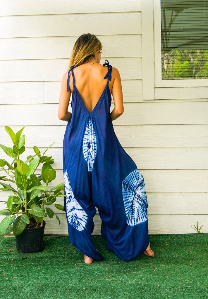 J62- Hand Dyed Wide Leg Boho Hippie Jumpsuits Rompers Pants with Pockets