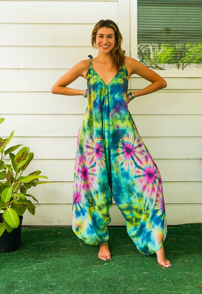 J96- Hand Dyed Wide Leg Boho Hippie Jumpsuits Rompers Pants with Pockets