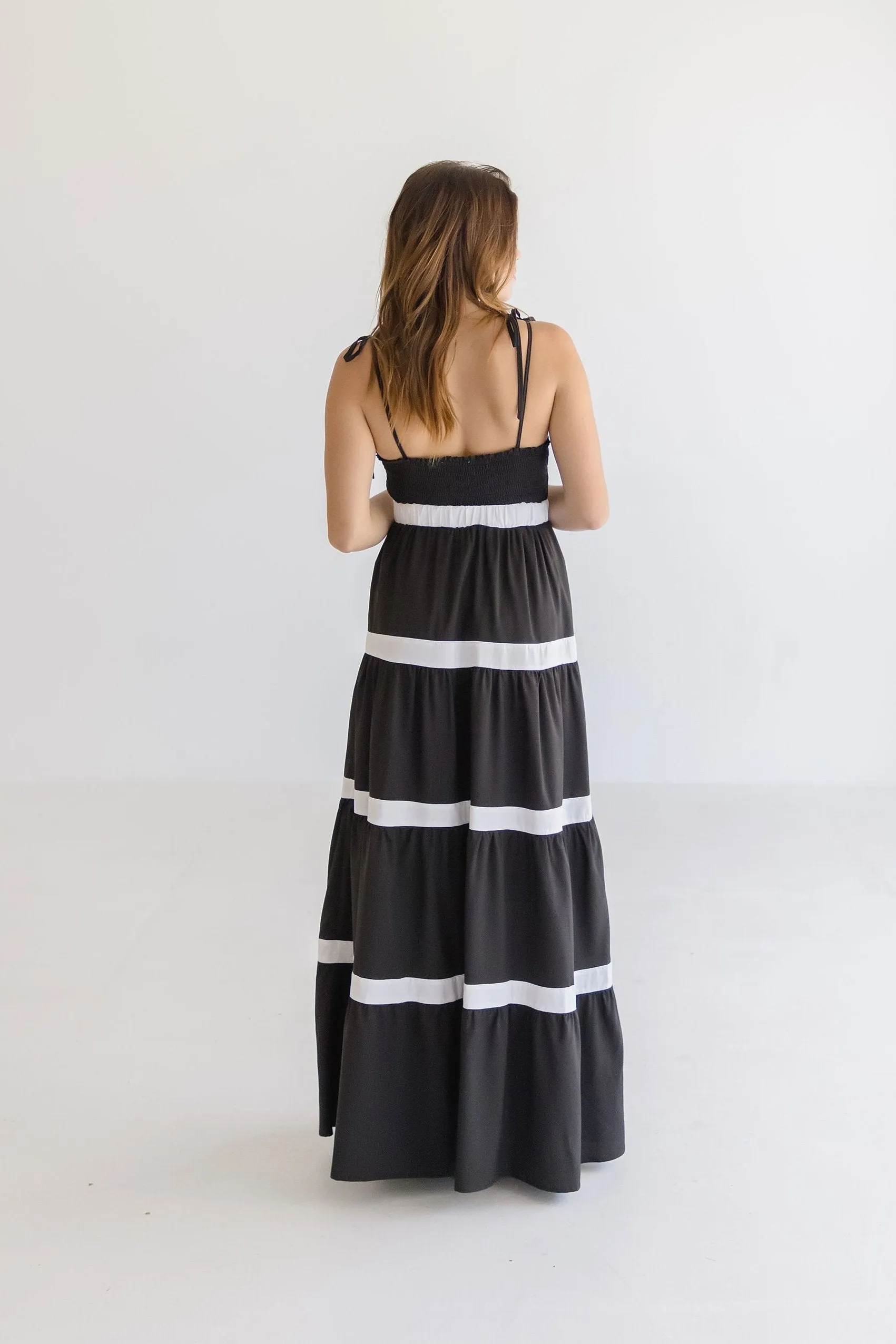 Jenny Sleeveless Shoulder Tie Stripe Print Maxi Dress Black