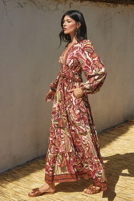 Jessica Long Sleeve Paisley Print Tiered Maxi Dress Rust