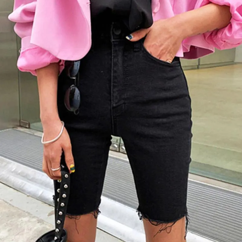 Knee Length Denim Shorts Women Push Up High Waist Biker Shorts