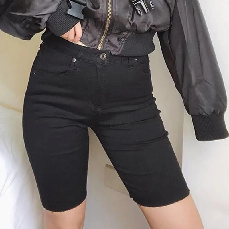 Knee Length Denim Shorts Women Push Up High Waist Biker Shorts