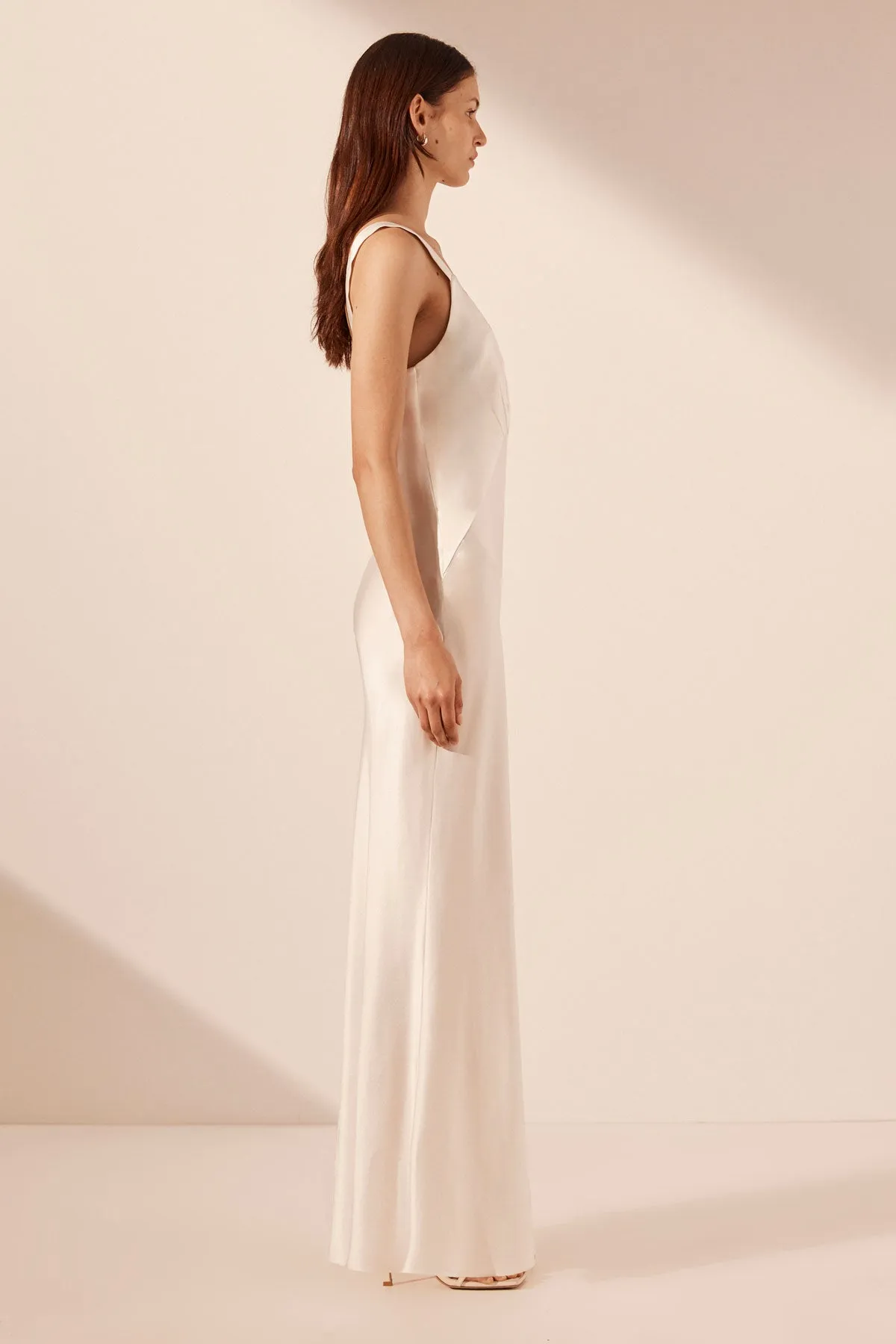 LA LUNE CUMULUS SILK PLUNGED LACE NECK MAXI DRESS - IVORY