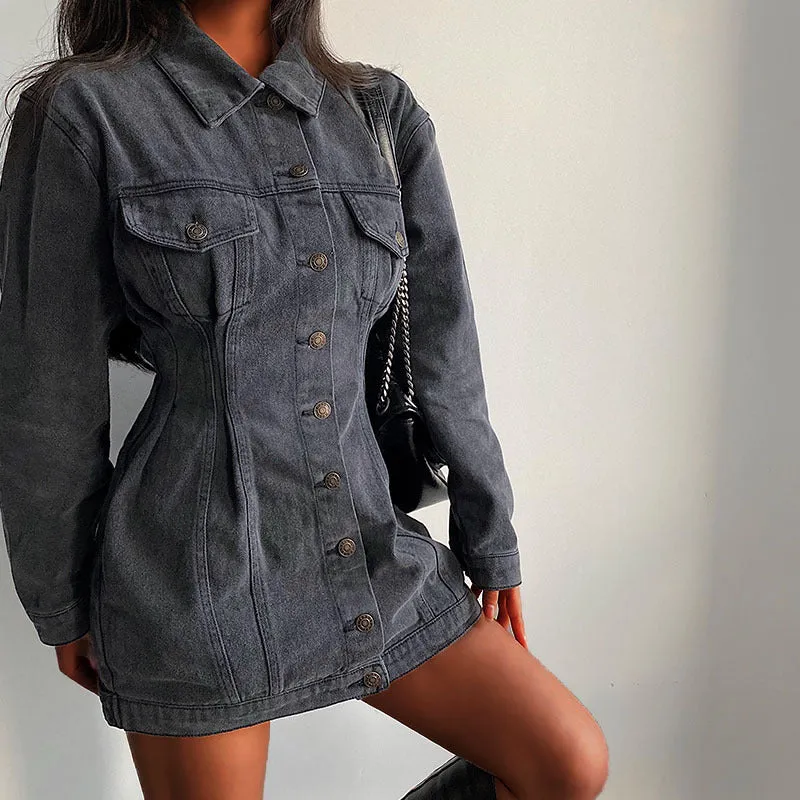 Lapel Collar Front Buttoned Long Sleeve Denim Jacket Dress