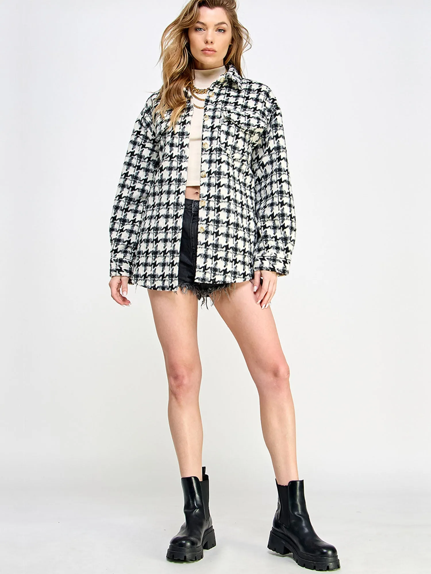 Long Sleeve Houndstooth Plaid Shacket