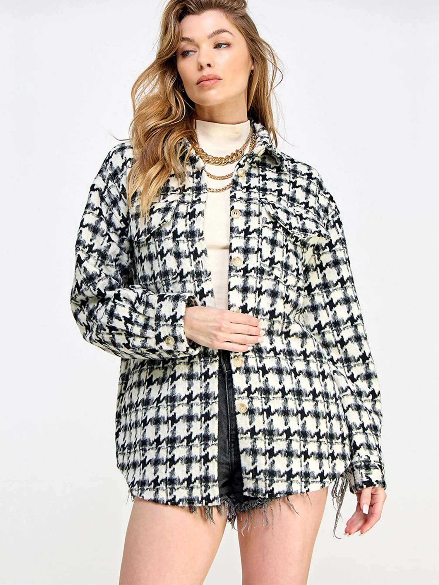 Long Sleeve Houndstooth Plaid Shacket