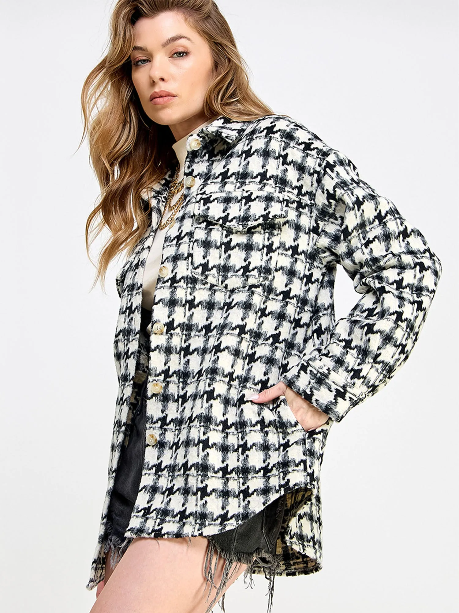 Long Sleeve Houndstooth Plaid Shacket