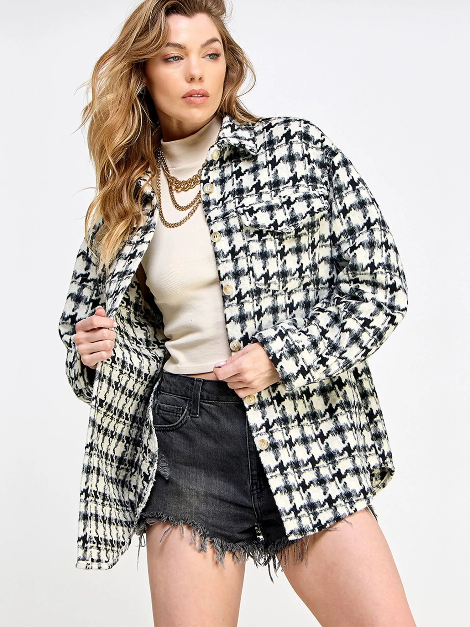 Long Sleeve Houndstooth Plaid Shacket