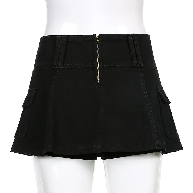 Low Waist Black Micro Skirts Streetwear Pockets Patchwork A-line Skirt