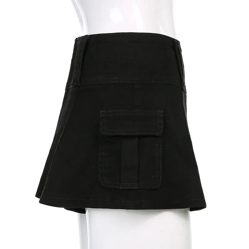 Low Waist Black Micro Skirts Streetwear Pockets Patchwork A-line Skirt