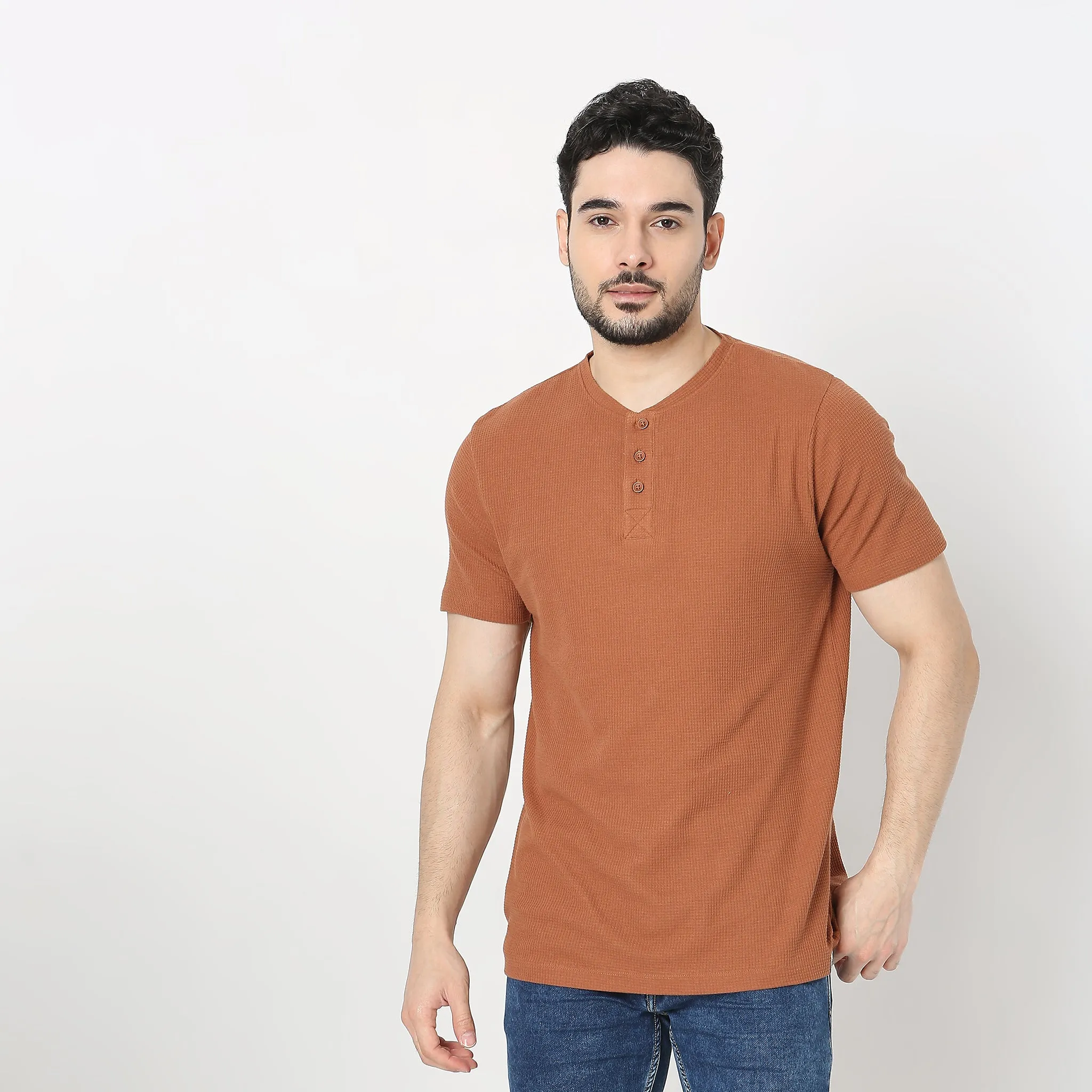 Lumberjackᵘˣ Henley in Micro Waffle Structured Fabric - Warm Feeling for Comfort Regular Solid  Sweat Tee