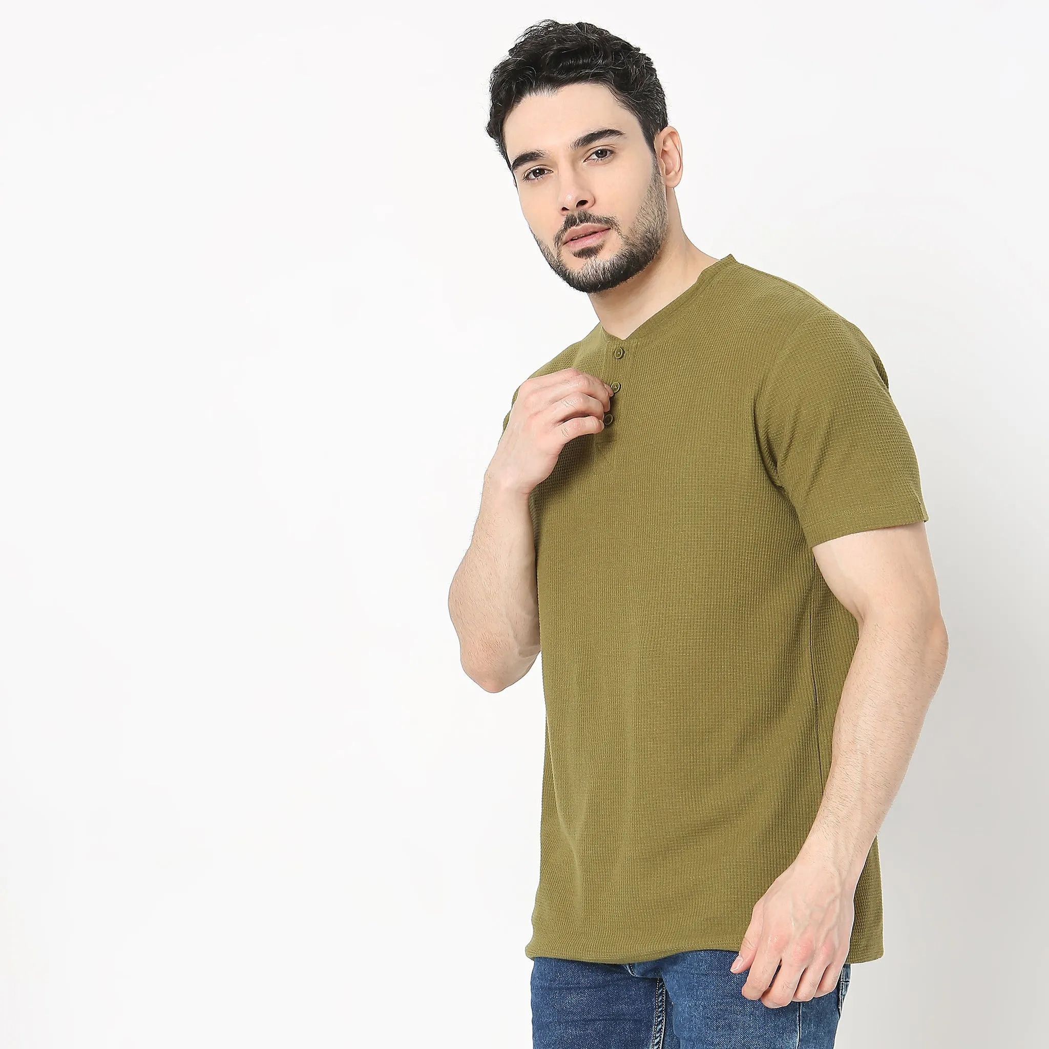 Lumberjackᵘˣ Henley in Micro Waffle Structured Fabric - Warm Feeling for Comfort Regular Solid  Sweat Tee