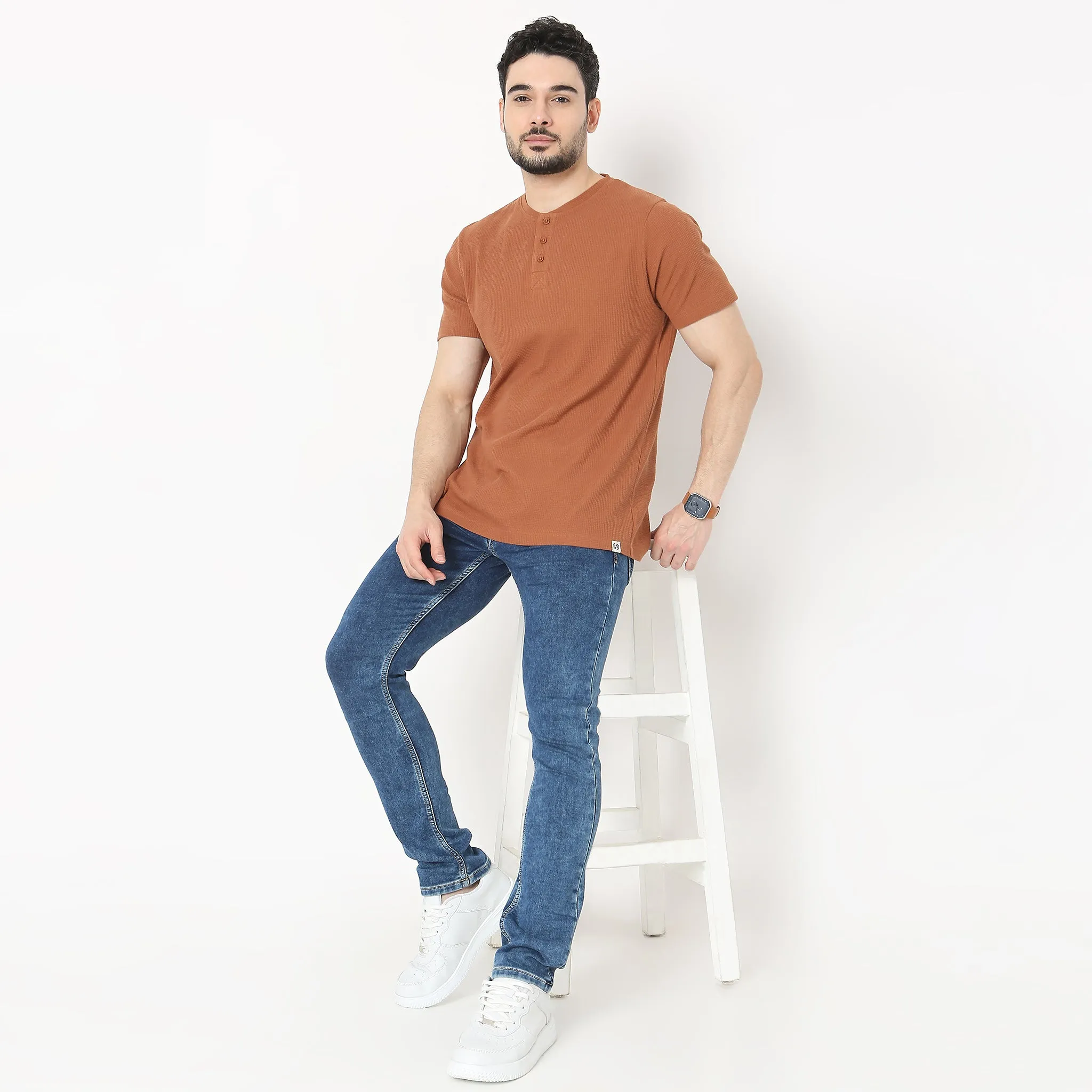 Lumberjackᵘˣ Henley in Micro Waffle Structured Fabric - Warm Feeling for Comfort Regular Solid  Sweat Tee