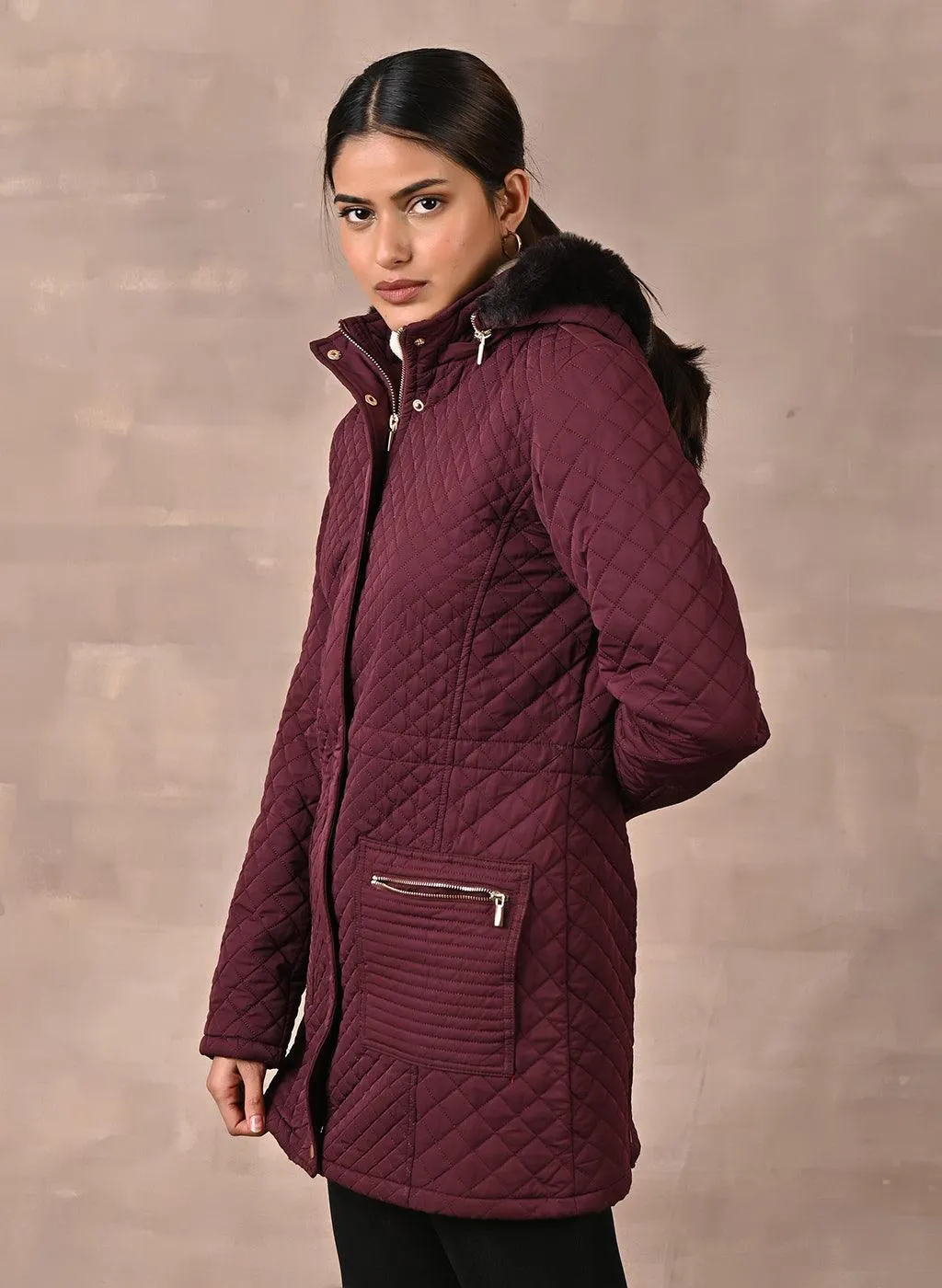 Maroon Quilted Jacket with attached Hood