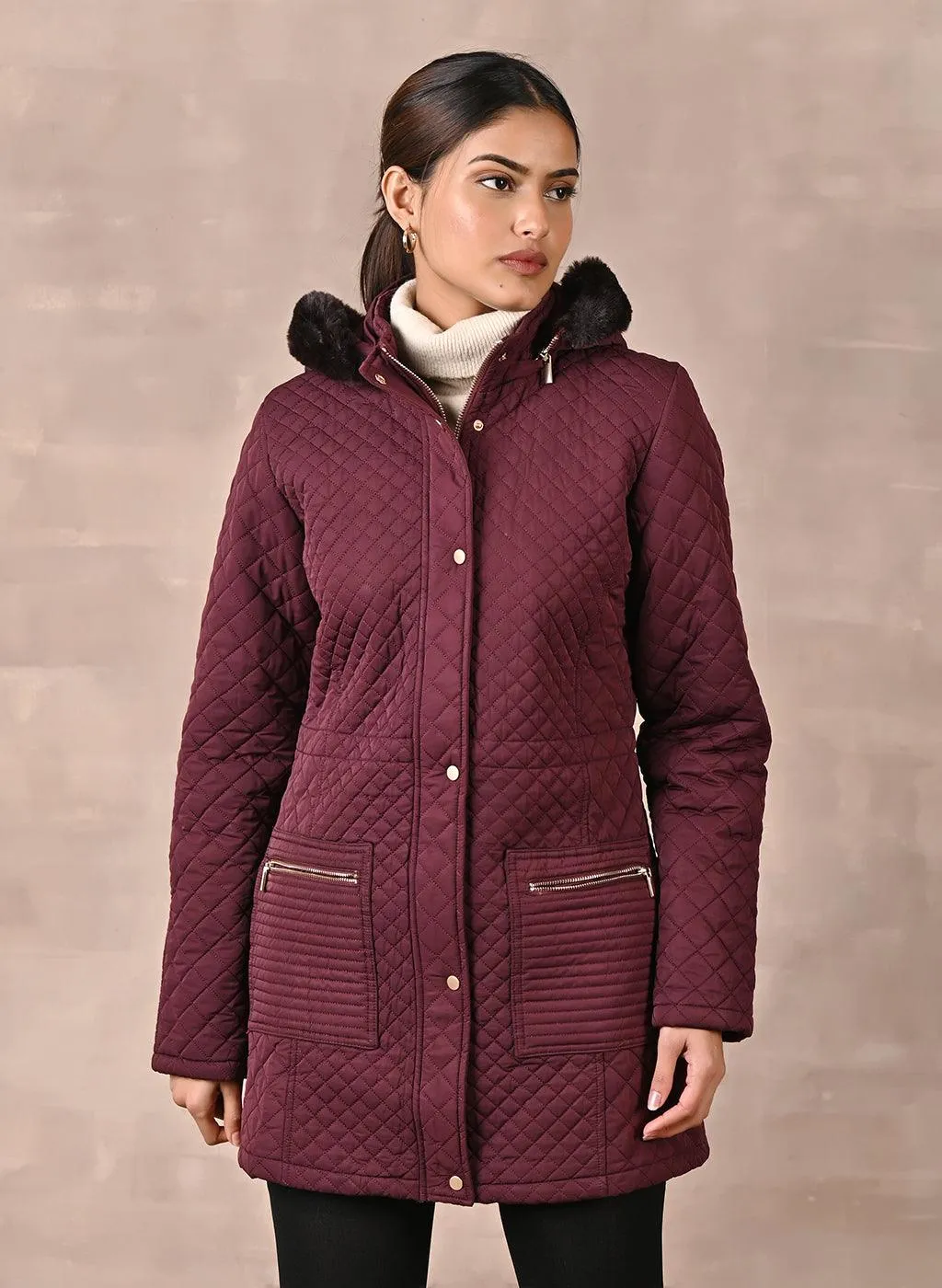 Maroon Quilted Jacket with attached Hood