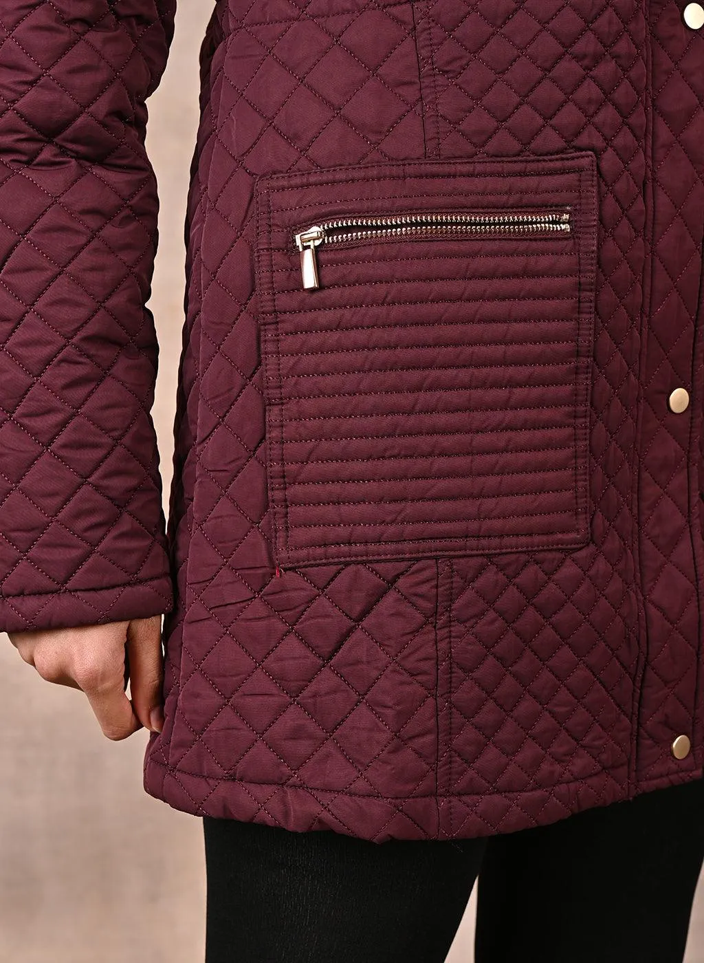 Maroon Quilted Jacket with attached Hood