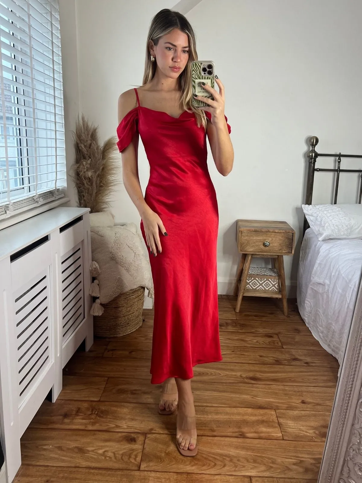 Melanie Cold Shoulder Midi Slip Dress / Red