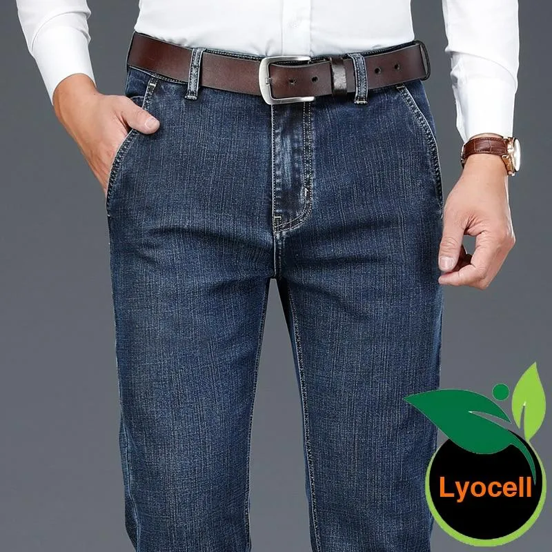 Men Tencel Cotton Loose Straight-Leg Stretch Denim Jeans