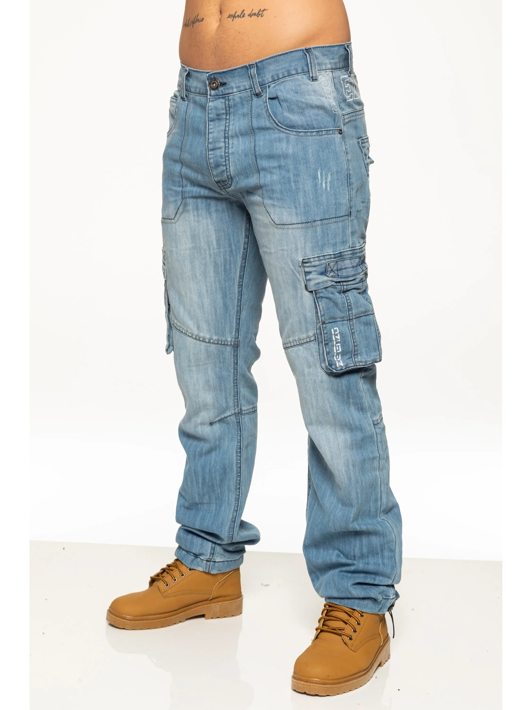 Mens Dark Blue Combat Denim Jeans | Enzo Designer Menswear