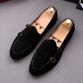 Men's Handmade Black Suede Loafers shoes, Men Dress Slip On Double Monk Strap Shoes