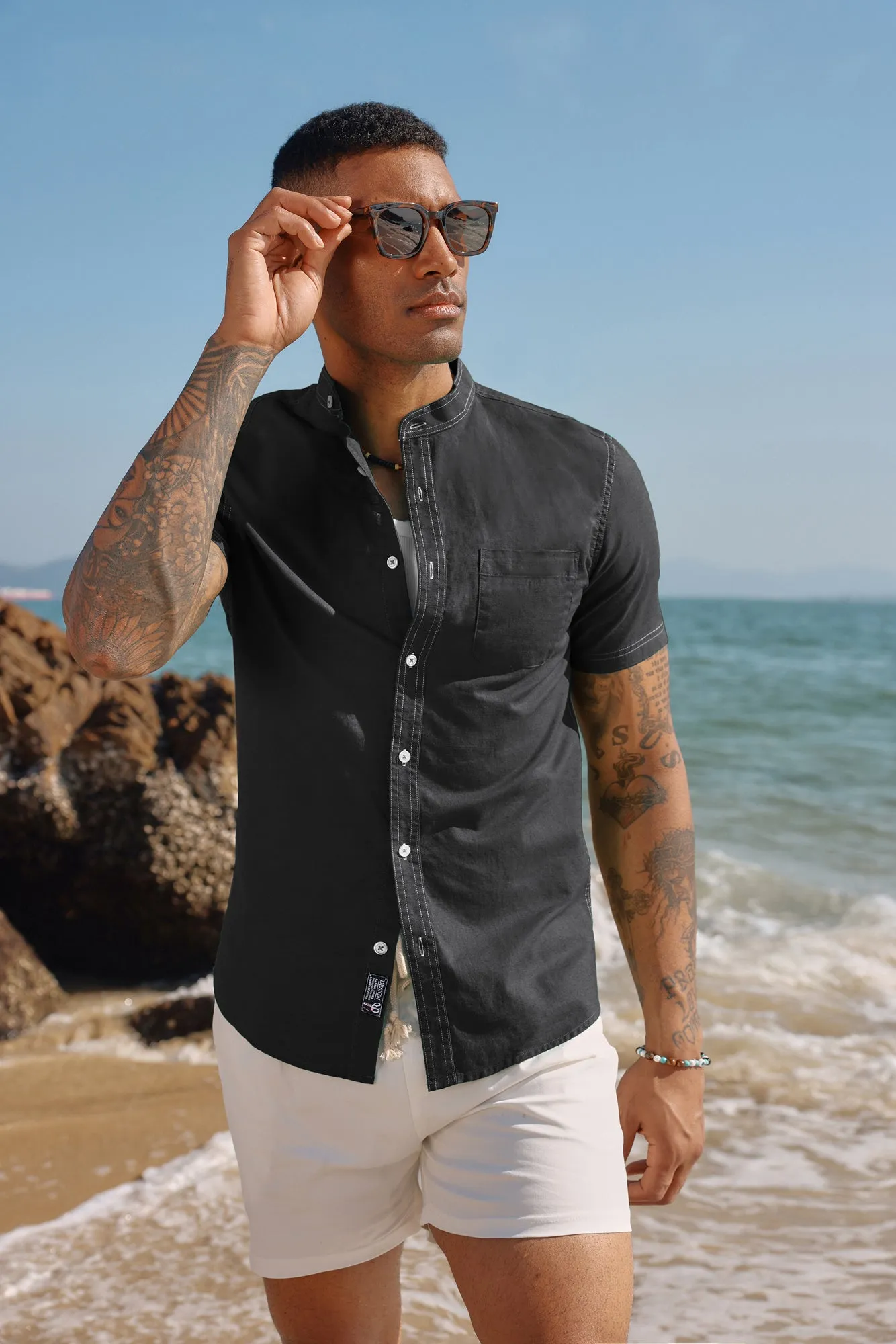 Mens Linen Henley Shirts Band Collar Short Sleeve Hippie Beach Shirts