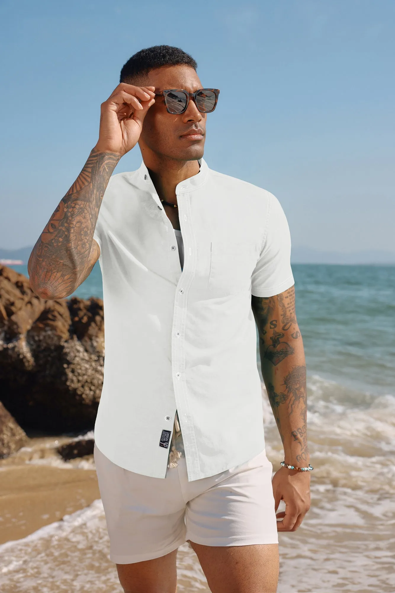 Mens Linen Henley Shirts Band Collar Short Sleeve Hippie Beach Shirts