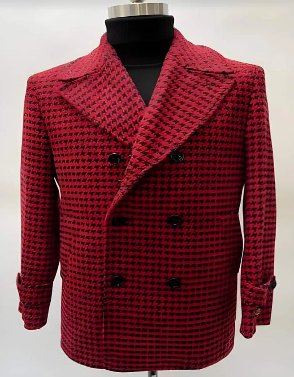 Mens Plaid Overcoat - Hounstooth Checker Pattern Topcoat - Peak Lapel Double Breasted Red