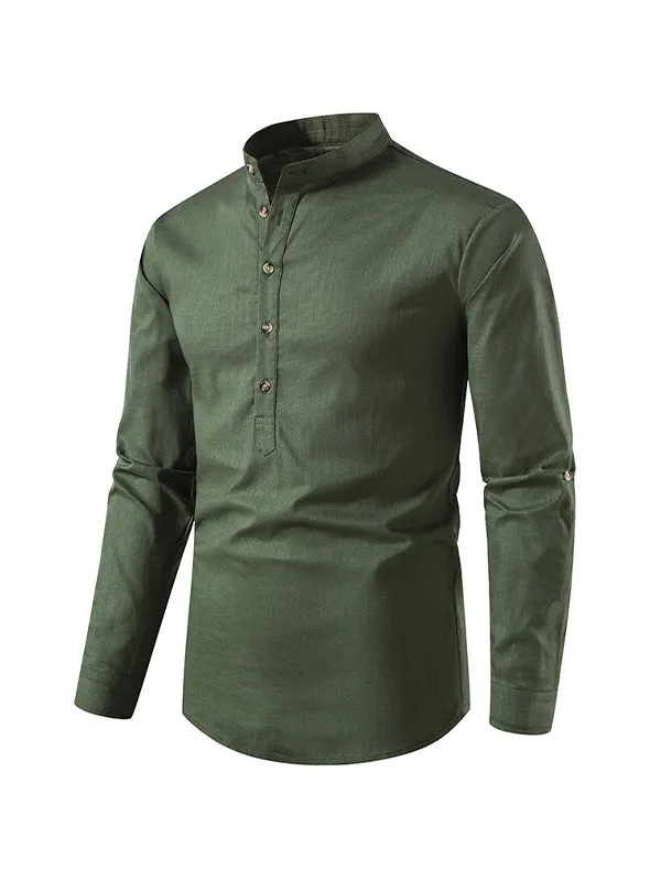 Men's Stand Collar Cotton Linen Henley Long Sleeve Shirt