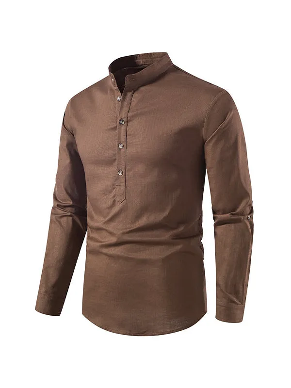 Men's Stand Collar Cotton Linen Henley Long Sleeve Shirt