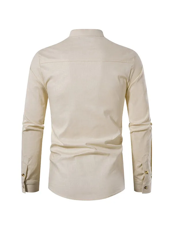 Men's Stand Collar Cotton Linen Henley Long Sleeve Shirt