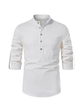 Men's Stand Collar Cotton Linen Henley Long Sleeve Shirt