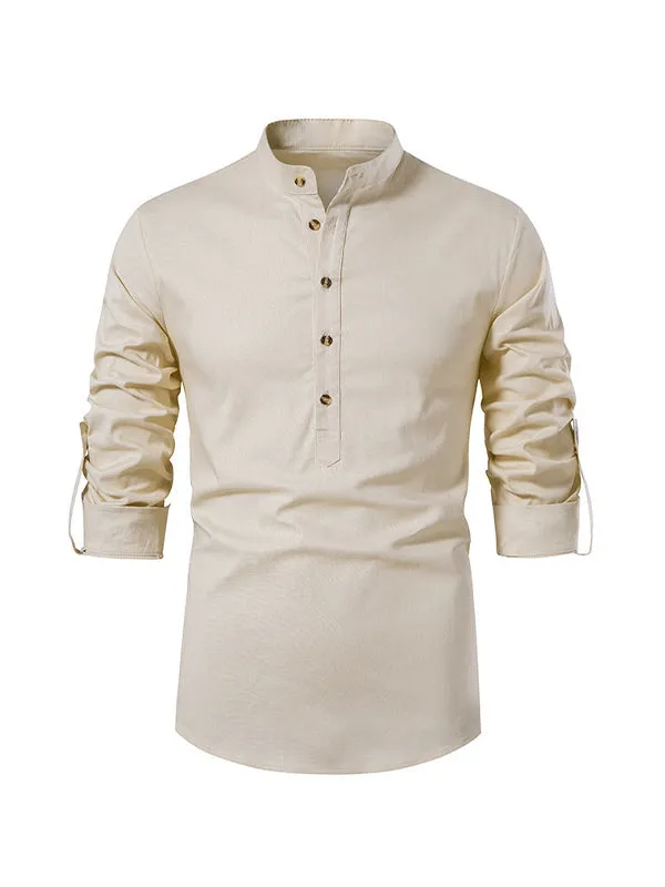 Men's Stand Collar Cotton Linen Henley Long Sleeve Shirt