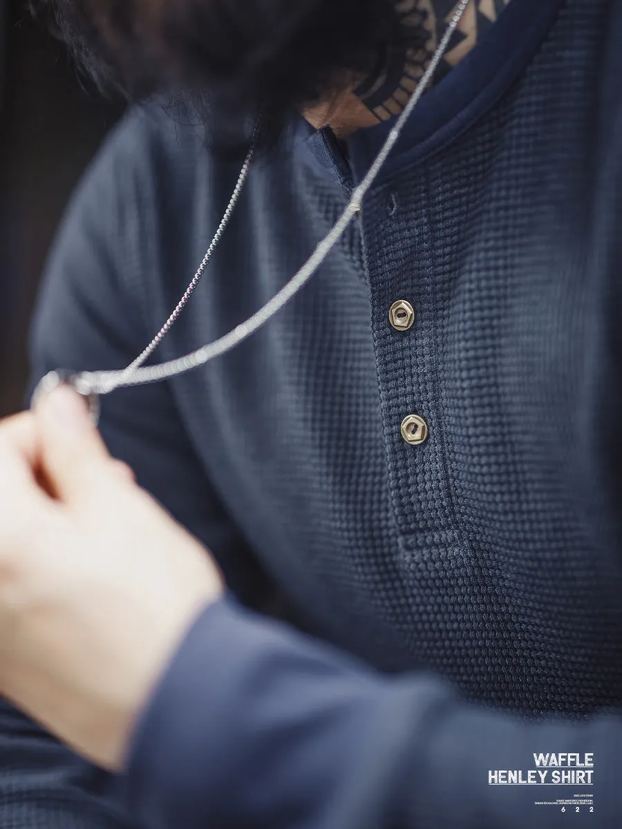 Navy Blue Retro Waffle Long-Sleeve Henley Shirt