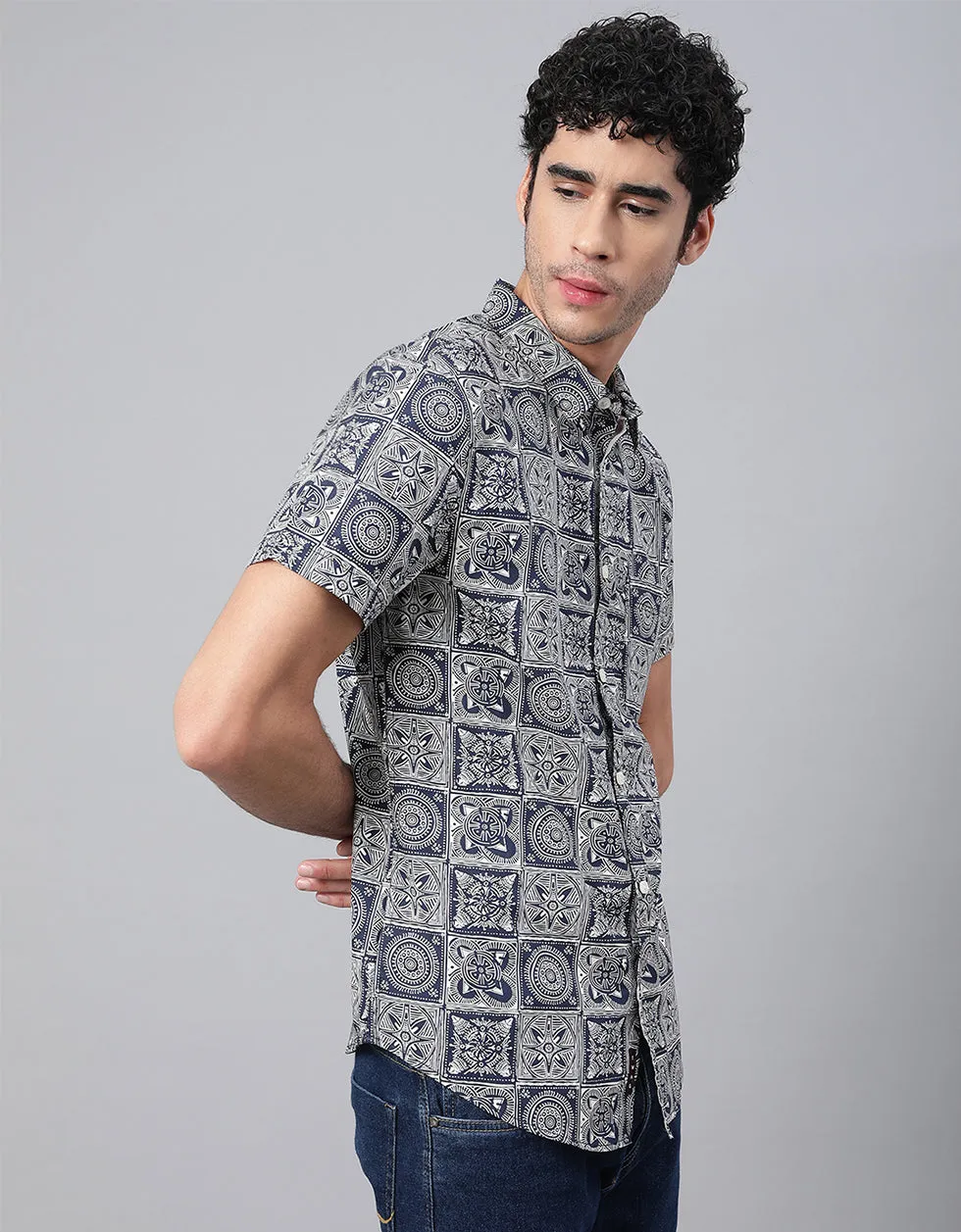 Navy Geometric Printed Casual Shirt