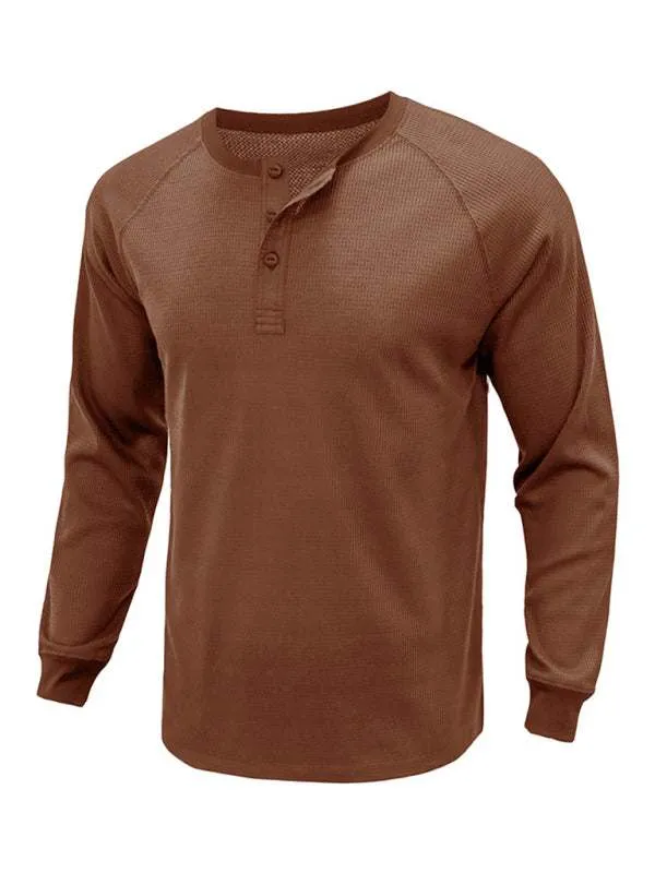 New Men's Round Neck Waffle Henley Shirt