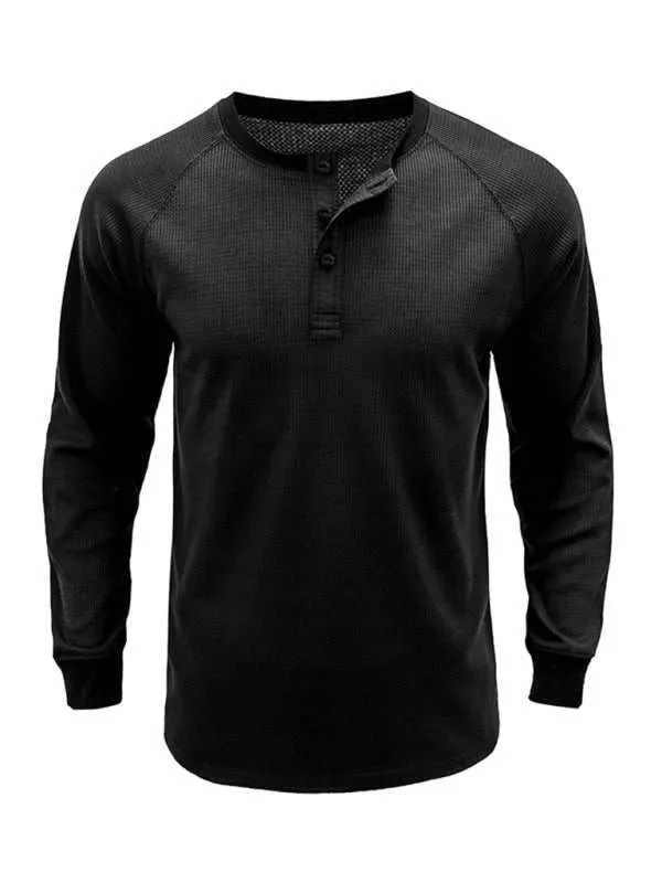 New Men's Round Neck Waffle Henley Shirt