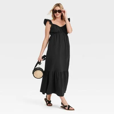 New - Women's Flutter Cap Sleeve Maxi A-Line Dress - Universal Thread Black L