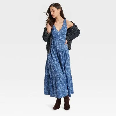 New - Women's Tiered Maxi A-Line Dress - Universal Thread Blue Floral S