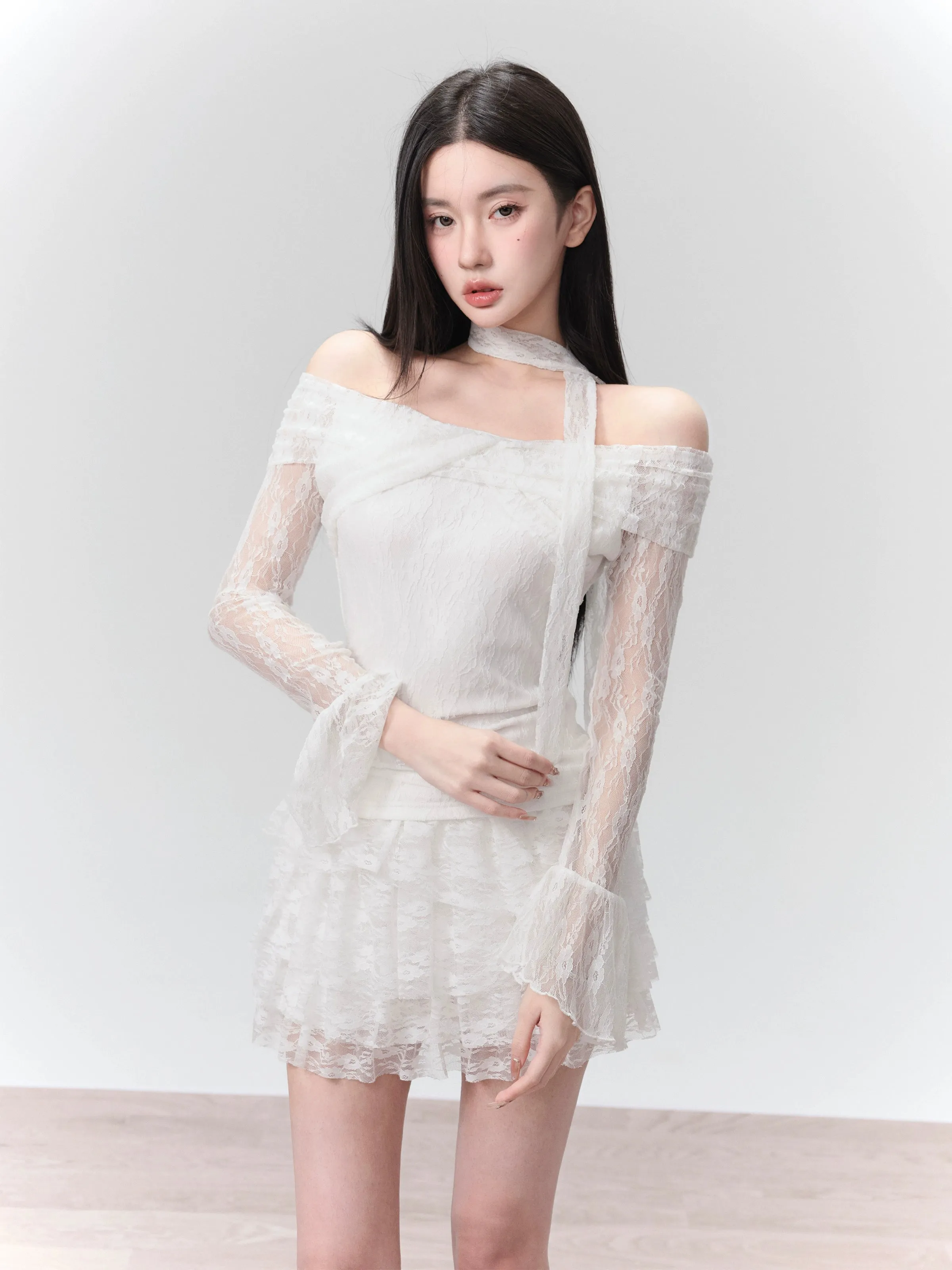 Off-Shoulder Lace Layered Mini Dress Two-Piece Set