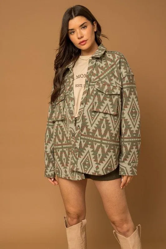 Olive Green 3D Pocket Aztec Print Shacket