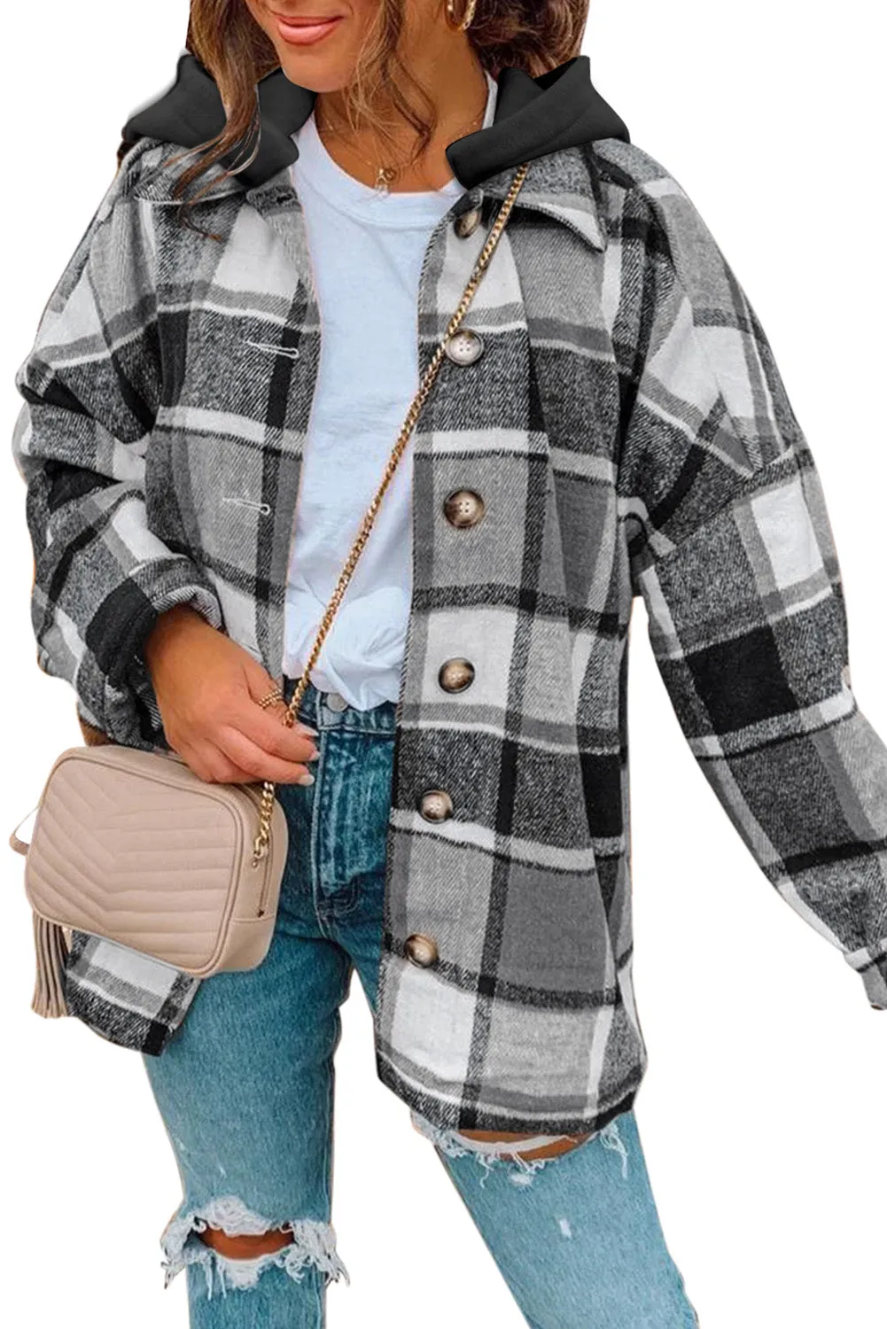 Orange Plaid Button Front Hooded Shacket