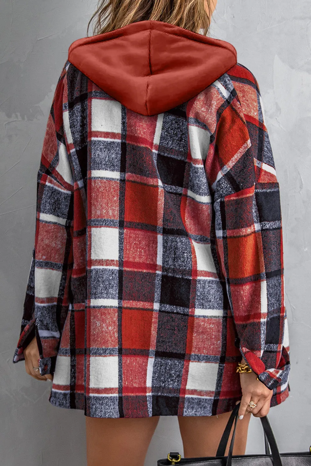 Orange Plaid Button Front Hooded Shacket