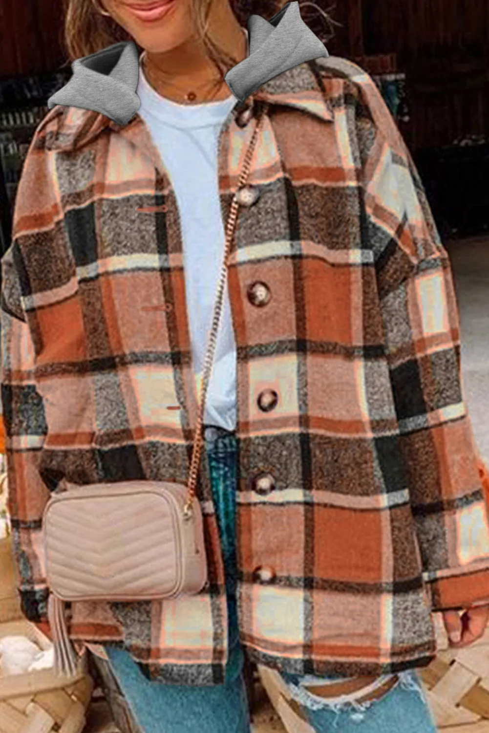 Orange Plaid Button Front Hooded Shacket