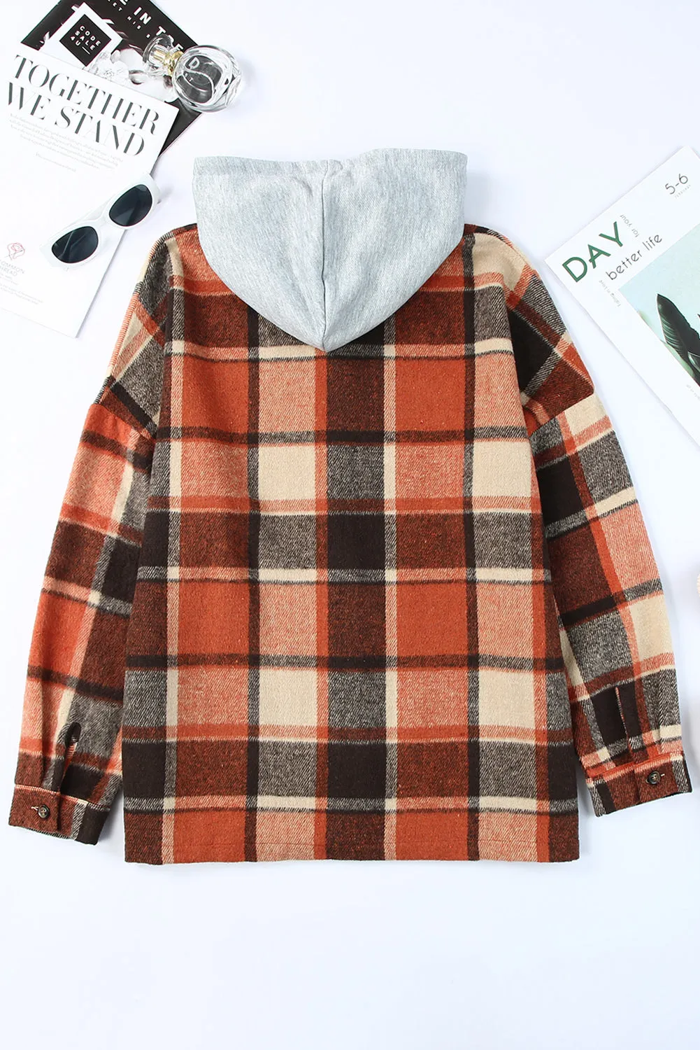 Orange Plaid Button Front Hooded Shacket