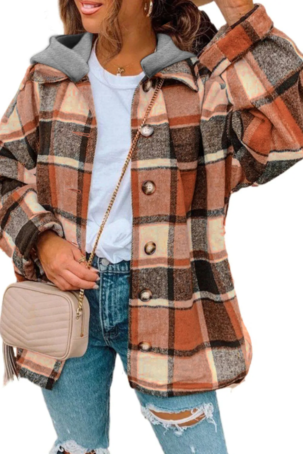 Orange Plaid Button Front Hooded Shacket