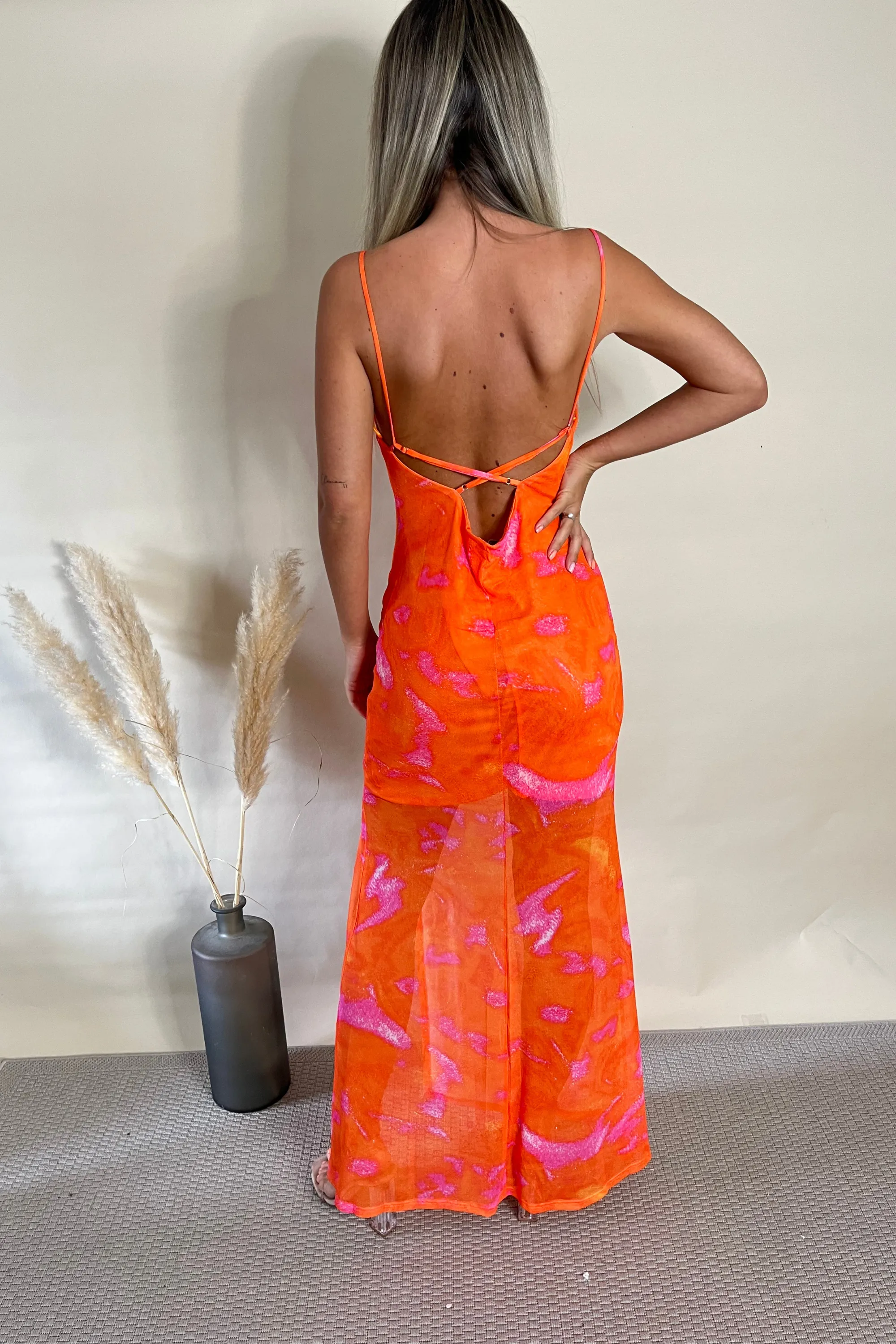 Orange Tie Dye Printed Side Slit Maxi Dress