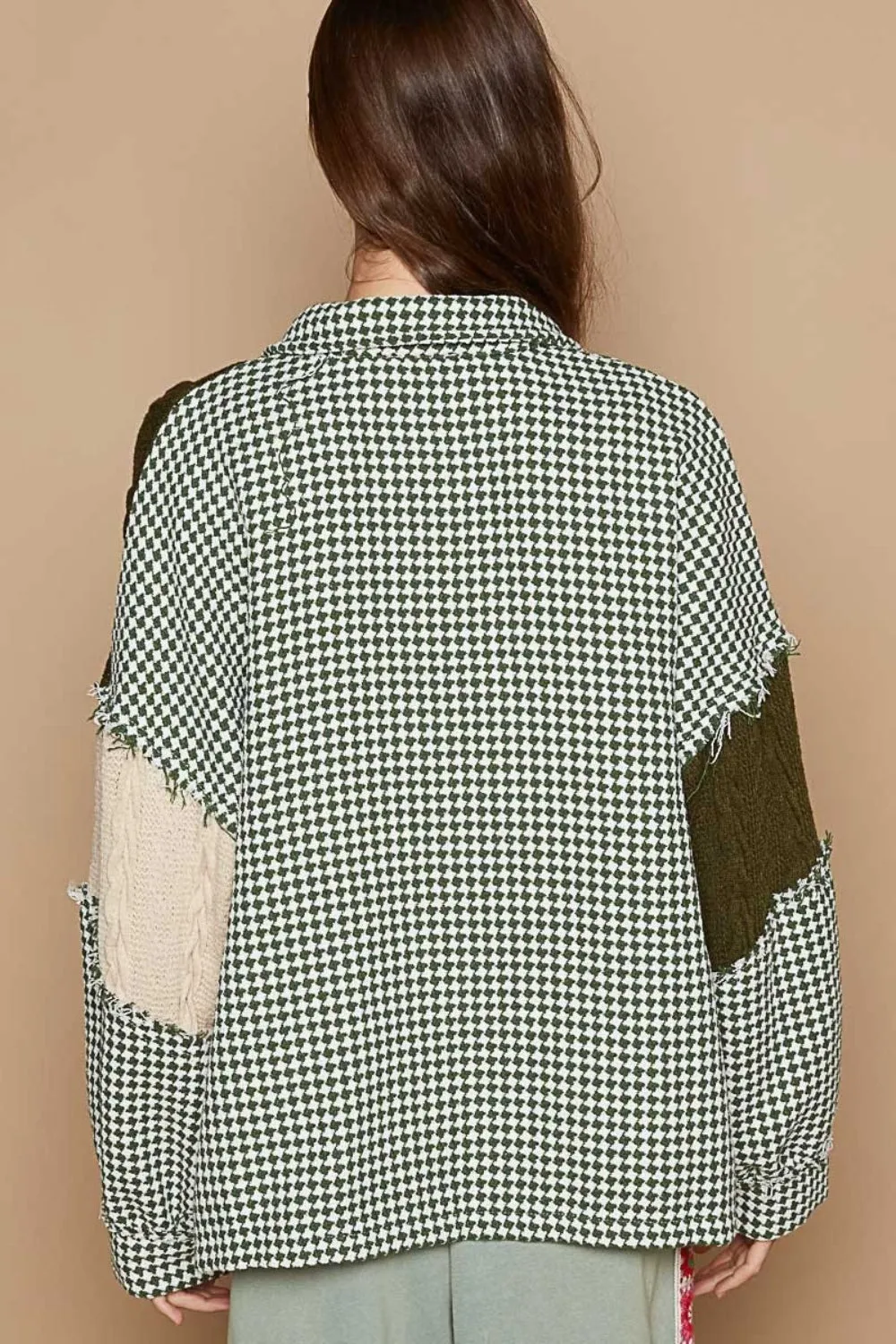 Peregrin Houndstooth Contrast Shacket -Olive