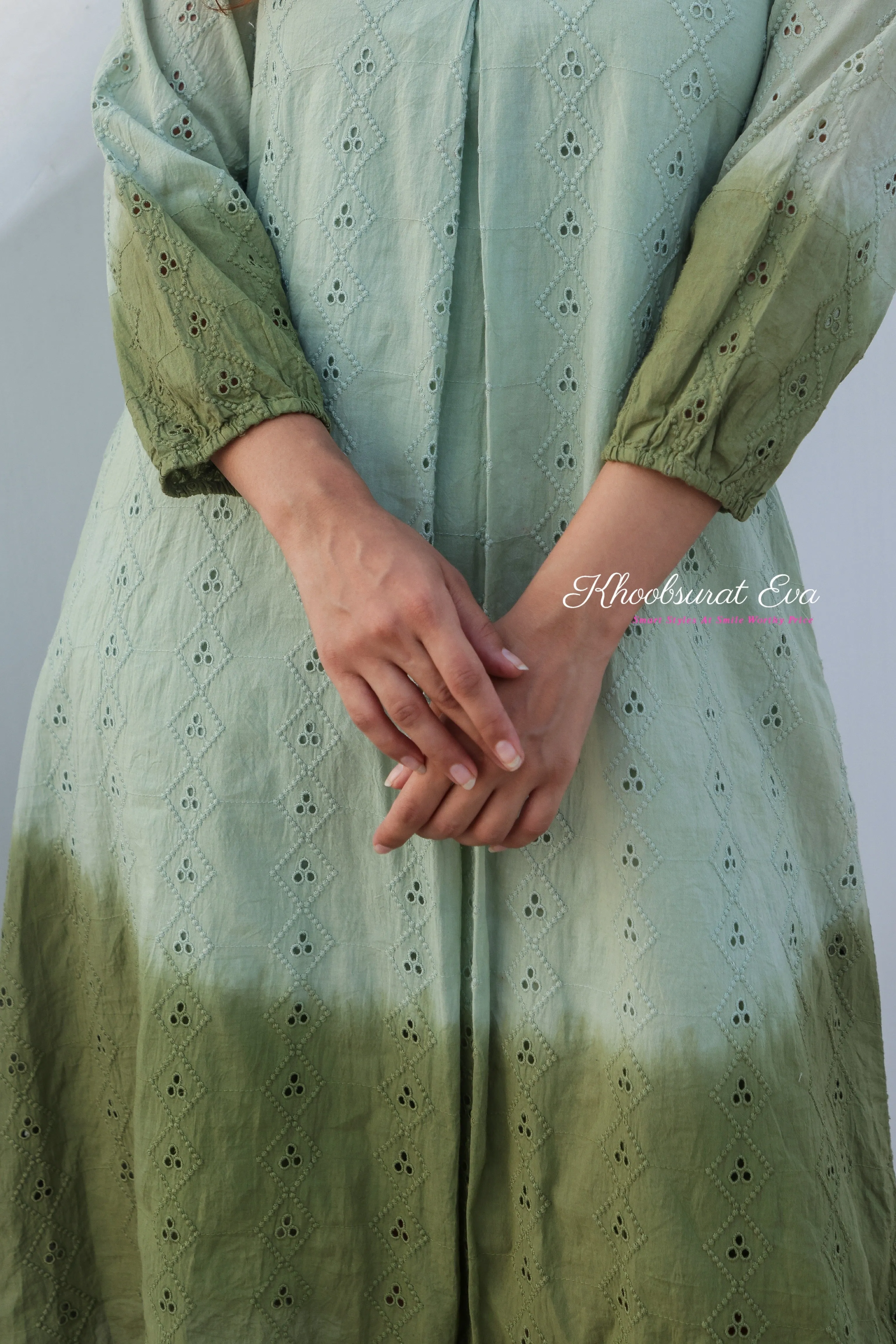 Pista Green Embroidery Ombre Dress